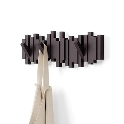 Umbra Sticks Wall Mount Coat Rack, 5 Hook Retractable Pegs, Espresso | Mounting hardware included, sculptural modern design, entryway or bedroom use, recycled plastic - color: Espresso, size: 5-Hook