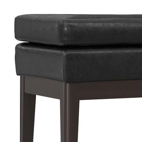 SIMPLIHOME Carlson 27" Wide Woven Fabric Rectangle Ottoman in Black | Mid-century modern ottoman with a padded seat for extra seating in the bedroom or living room; footstool, footrest. - color: Distressed Black, style: Small Ottoman Bench