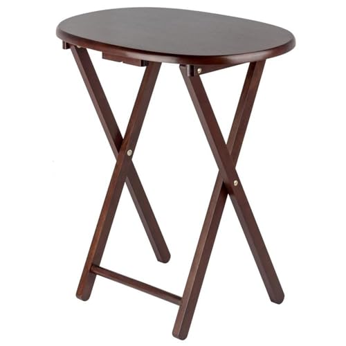Pemberly Row 5-Piece Solid Wood Snack Table Set, Oval Shape, Cappuccino Finish, Includes Storage Stand, Portable Folding Tables for Living Room or Home Office