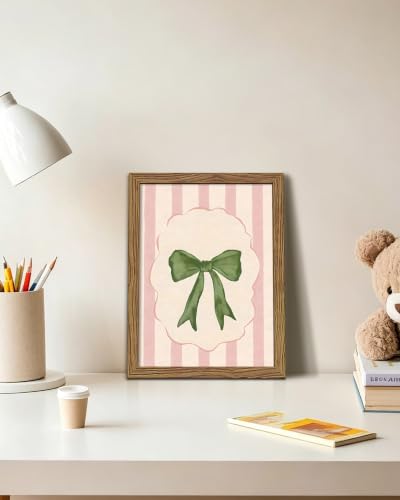 Preppy Bow Wall Art Canvas Framed Poster Painting Print Picture, Pink Stripe Coquette Ribbon Artwork, Minimalist Girly Aesthetic Wall Decor for Bedroom Dorm Vanity Living Room Home Decor 8x10 Inch - color: A-Bow, size: 10"L x 8"W