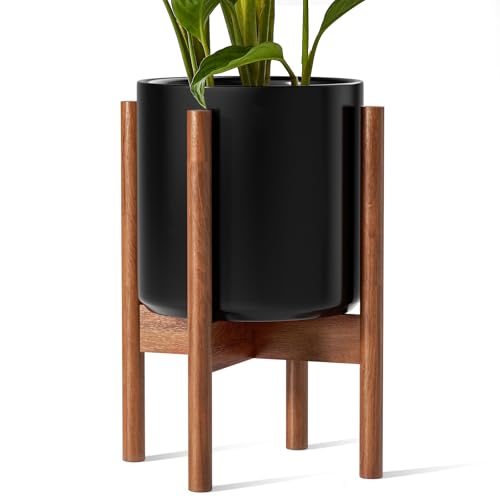 LE TAUCI 12 Inch Planter with Acacia Wood Stand, Large Ceramic Indoor Plant Pot with Drainage Hole & Plug, Mid Century Modern Plant Holder for Fiddle Leaf Fig, Monstera, Snake Plant, Black - color: Black, size: 12 Inch