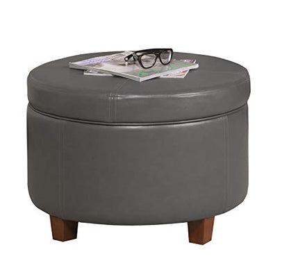 HomePop Round Leatherette Storage Ottoman with Lid, Charcoal Grey Large - color: Gray Faux Leather
