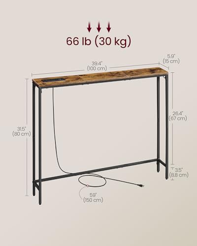 VASAGLE 39.4" Console Table, Narrow Behind Couch Table with Outlet | Sofa Table with 1 Hook, for Entryway, Living Room, Easy Assembly, Rustic Brown and Ink Black, BARNET Collection ULNT079K01 - color: Rustic Brown + Ink Black, size: 1 Tier (5.9"D x 39.4"W