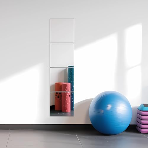 Glass Full Length Wall Mirror Tiles, 12" x 12" x 4PCS Home Gym Mirror | Frameless Wall Mounted Mirror for Garage, Bedroom, Living Room, Over The Door - size: 12"x12"-4pcs