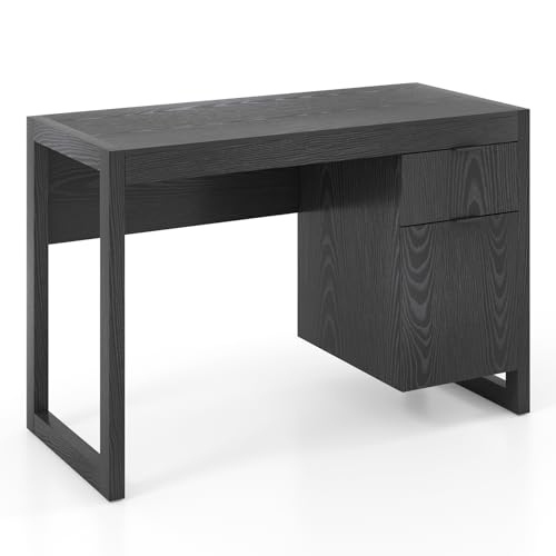 Tangkula Computer Desk with Storage Cabinet & Drawer, White Wooden Home Office Desk, PC Laptop Workstation Study Writing Desk with Smooth Surface, Ideal for Home Office (Black) - color: Black
