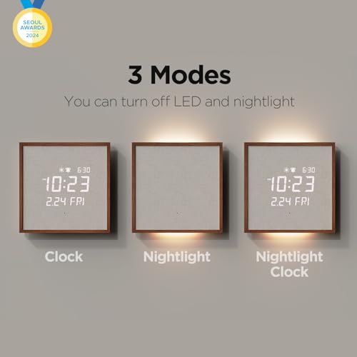 mooas Wooden Frame LED Silent Wall Clock (Wooden Frame Dark Brown) | Remote Control, Backlit Nightlight, Modern Digital LED Wall Clock Sunrise Alarm Melody 5 Brightness for Bedroom Living Room - color: Wooden Frame Dark Brown
