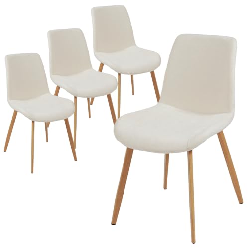 HIPIHOM Dining Chairs Set of 4, Mid-Century Modern Fabric Kitchen Chairs | Curved Backrest for Comfort, High-Density Sponge Padded Seat, Heat and Stain Resistant Surface, Sturdy Wood-Grain Metal Legs - color: Beige Chairs Set of 4