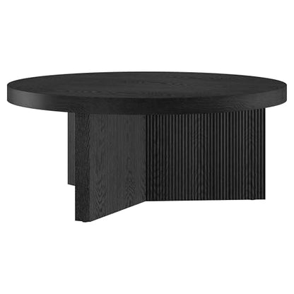 Henn&Hart 36" Scandinavian Fluted Coffee Table, Natural Black | Ribbed pedestal base and low profile bring Scandinavian style to small spaces including living rooms or family rooms - color: Natural Black, size: 36 inches