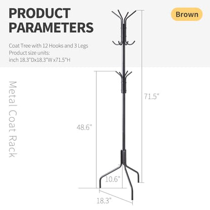 Coat Rack Freestanding,hat and coat rack stand for entryway,Living Room,Bedroom,Metal coat tree with12 Hooks and 3 Legs (Black) - color: Black