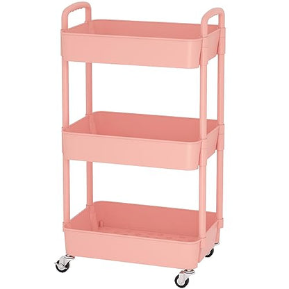 Sywhitta 3-Tier Plastic Rolling Utility Cart with Handle, Multi-Functional Storage Trolley for Office, Living Room, Kitchen, Movable Storage Organizer with Wheels, Pink | Multi-Functional Storage Trolley, for Office, Living Room, Kitchen, Bathroom,Movable