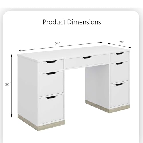 White Desk with Drawers, 54 Inch Office Desk with Storage for Bedroom | Small Computer Desk with Storage Drawers for Work Writing Study, Modern Desk for Small Spaces - color: White