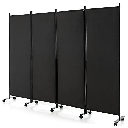 GOFLAME 4 Panel Folding Room Divider, 6FT Rolling Privacy Screen with Lockable Wheels, Portable Room Partition Screen, Freestanding Wall Divider and Separator for Home Office, Black - color: Black, size: 4-Panel