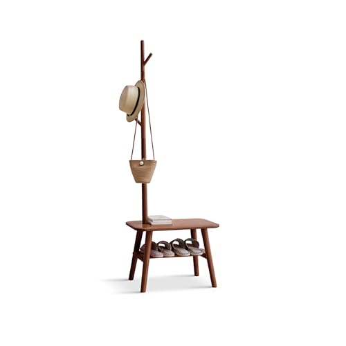KEIKI Hall Tree with Shoe Bench and Cloth Hanger, Solid Wood Coat Rack, Narrow Mudroom Storage Organizer for Entryway, Bedroom, Walnut - color: Brown