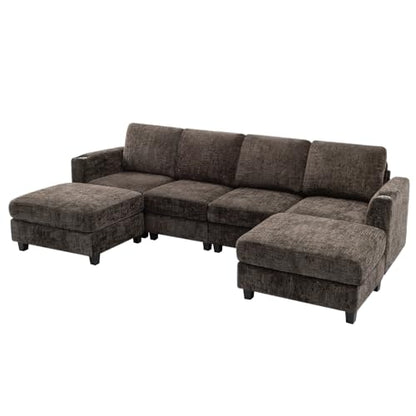 110" Convertible U-Shape Couch with 2 Flexible Ottomans, Brown | Soft Sectional Sofa w/2 Built-in Cup Holders, Chenille 4 Seats Sofa with Well-Filled Back Cushions for Living Room, House - color: Brown, size: 110" U-Shape