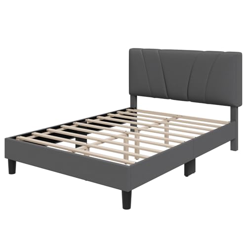 Novilla Full Bed Frame Upholstered Platform Full Size Bed Frame with Adjustable Headboard, Strong Weight Capacity, No Box Spring Needed, Easy Assembly, Grey - color: Grey, size: Full