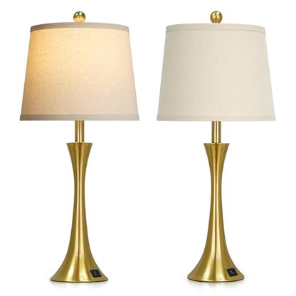 Rinweey 27.5" Gold Lamps Set of 2, Touch Control 3-Way Dimmable Bedside Nightstand Lamps Bedroom Lamp,Modern Gold Table Lamp with USB A+C Ports,Tall Lamps for Living Room End Table Home Office - color: Gold