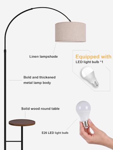 Arc Floor Lamp with Side Table, Adjustable Linen Shade Fishing Standing Lamp for Living Room Bedroom