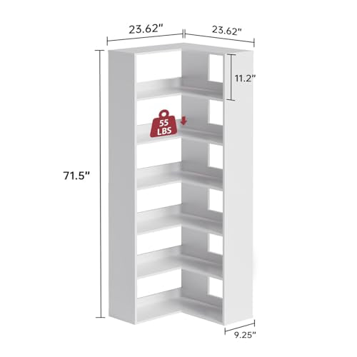 Corner Bookshelf, Freestanding L Shaped Display Shelf, 6 Tiers Bookcase with Baffles, Wooden Bookcase with Storage Organizer for Home Office, Living Room, Bedroom (23.6") - size: 23"