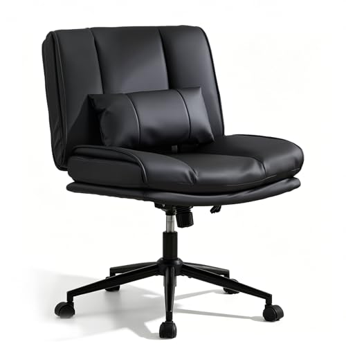 Armless Criss Cross Office Chair with Wheels,PU Leather Black | 5.5" Double Layers Thickened Seat Cushion and Backrest,Lumbar Pillow,Swivel Chair,Wide Comfortable Cross Legged,320LBS - color: Black