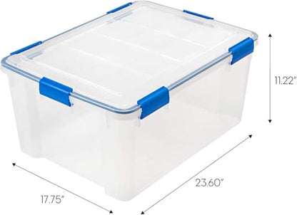 IRIS USA 3-Pack 60 Qt Storage Bins with Gasket Lids, Clear/Blue | WeatherPro seal helps protect bulky items for moving, garage, attic and basement storage - size: 60 Qt. - 3 Pack
