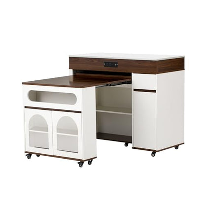 Extendable Dining Table with Extra-Long Folding Top, Rolling Kitchen Island with Storage Cabinet, Drawers & Brake Lock, Sturdy Mobile Cart for Kitchen, Dining Room & Open Spaces (Cream White+Walnut2) - color: Cream White+walnut2