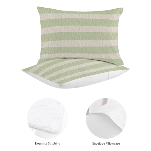 Queen Quilt Bedding Set, Sage Green Stripes Farmhouse Lightweight Coverlet Summer Comforter Set Soft Microfiber Bedspread, Retro Linen Texture 3 Piece Quilt Set with 2 Pillow Shams All Seasons Use - color: Green, size: 90x96in