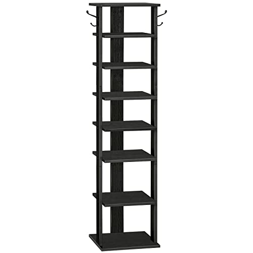 HOOBRO 8 Tiers Vertical Shoe Rack, Wooden Shoe Storage Organizer with Hooks, Narrow Shoe Tower for 8 Pairs, Space Saving, for Entryway, Living Room, Bedroom, Black BK07XJ01 - color: Black, size: 8 Tier (11"W)