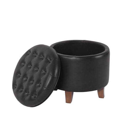 HomePop 19" Faux Leather Button Tufted Round Storage Ottoman - Black - color: Black Faux Leather
