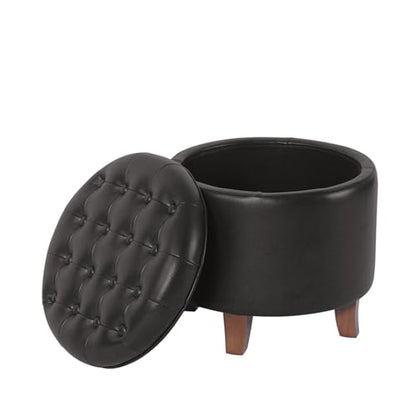 HomePop 19" Faux Leather Button Tufted Round Storage Ottoman - Black - color: Black Faux Leather