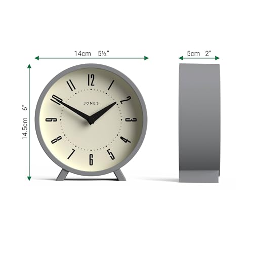 JONES CLOCKS® Venus Desk Clock | Modern Round Design | Gray | Stylish Retro Look for Shelf, Table, Mantel or Bedside - color: Clockwork Grey