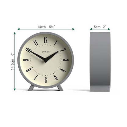 JONES CLOCKS® Venus Desk Clock | Modern Round Design | Gray | Stylish Retro Look for Shelf, Table, Mantel or Bedside - color: Clockwork Grey