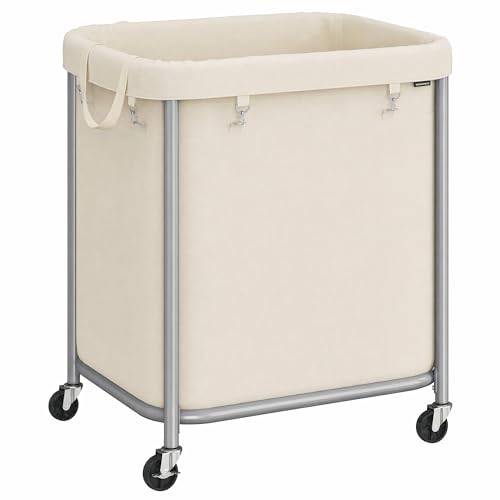 SONGMICS Laundry Basket, Rolling Steel Frame with 2 Locking Wheels, 170 L | Heavy-Duty Laundry Hamper Cart with Removable Bag, Cream White and Metallic Silver, URLS015WD01 - color: Dove Gray + Cream White, size: 140 L (2-Section)