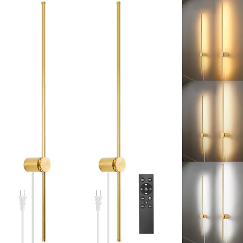 GOODATE Wall Sconces Set of Two with Remote, Stepless Colors 3000K-6500K & Stepless Dimming, Hardwire or Plug-in, 180° Rotate, LED Gold Plug in Wall Sconces with Timer & Night Light, 39.4 Inches - color: Gold, Stepless Color Temperature: 3000K-6500K, size