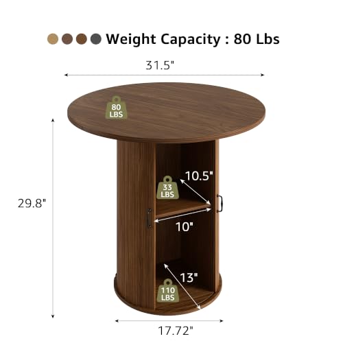 31.5 inch Round Dining Table for 2, Small Dinner Table with 2-Layer Storage Shelf, Morden Circle Kitchen Table with Wood Strip Base and Slide Door for Home Dining Room, Living Room, Walnut - color: Walnut, size: 31-Inch