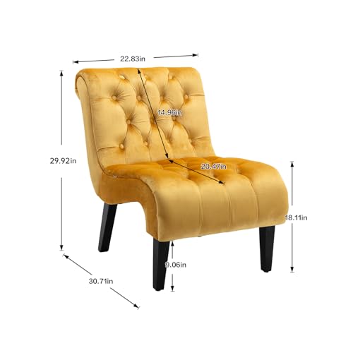 Comfy Velvet Accent Chair Set of 2, Tufted Armless Chair with Rolled Edge | Modern Small Lounger for Living Room, Upholstered Reading Chaise Lounge with Solid Rubber Wood Legs, Yellow - color: Yellow, size: Set of 2