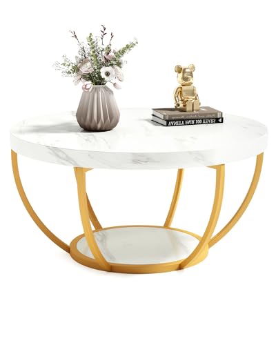 LITTLE TREE Round Coffee Table, 32" Faux Marble Circle Coffee Table | 2-Tier Wood Accent Center Table with Open Storage Industrial Design Home Furniture for Living Room(White and Gold) - color: White and Gold