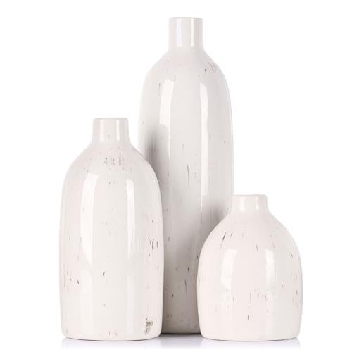White Ceramic Vase Set of 3, Farmhouse Vases for Home Decor, Rustic Flower Vases for Living Room, Shelf, Kitchen, Mantel, Bedroom, Coffee Table, Office, Bathroom, Entryway Table Centerpiece Decor - color: White