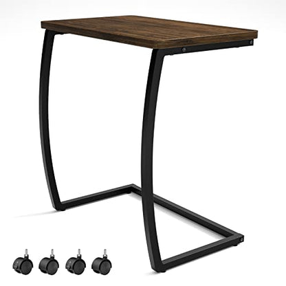 SRIWATANA Dark Walnut C Shaped Side Table with Wheels, Wood End Sofa Table | C-Table with Lockable Wheels Slides Under Sofa, Sturdy Wood Bedside Laptop Desk for Coffee, Snacks, and Study Use - color: Dark Walnut W/ Caster