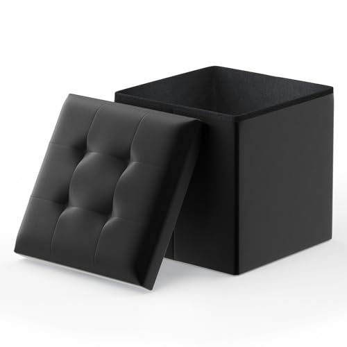 Folding Storage Ottoman Cube, 15 Inches Small Ottoman with Storage, Footstool Rest Padded Seat for Living Room, Bedroom, Entryway, Hallway, Black - color: Black, size: 15"D x 15"W x 15"H
