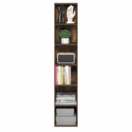 Furinno LUDER 6-Tier Narrow Book Shelf, Slim Bookshelf, Amber Pine | 9.4 x 12.1 x 63.3, Open Shelf, Standing Bookcase, for Home Office, Living Room, Bedroom - color: Amber Pine, size: 6-Tier, 12W