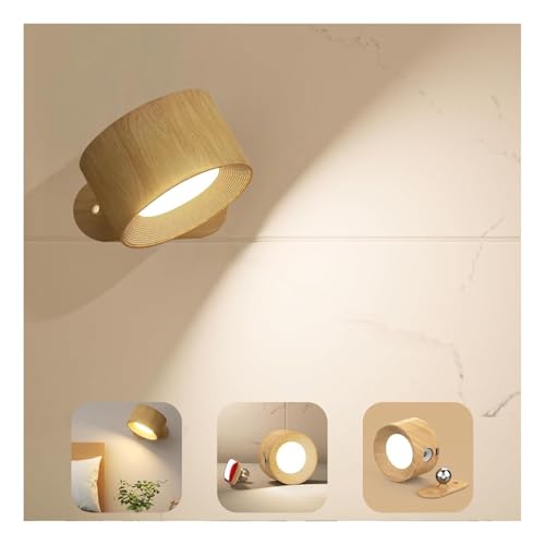 AKSDA Rechargeable Wall Sconce, Battery Operated LED Reading Light with 360-Degree Rotation Magnetic Mounting, Dimmable 3 Color Temps Touch Control Cordless Wall Lights for Study Home Office, 1 Pack - color: Wood-1PC