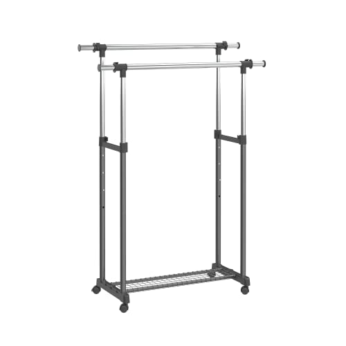 ClosetMaid Double Rail Portable Rolling Garment Rack with Shoe Shelf, Adjustable Rod Width and Height, Black/Chrome