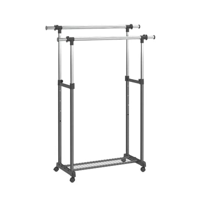 ClosetMaid Double Rail Portable Rolling Garment Rack with Shoe Shelf, Adjustable Rod Width and Height, Black/Chrome