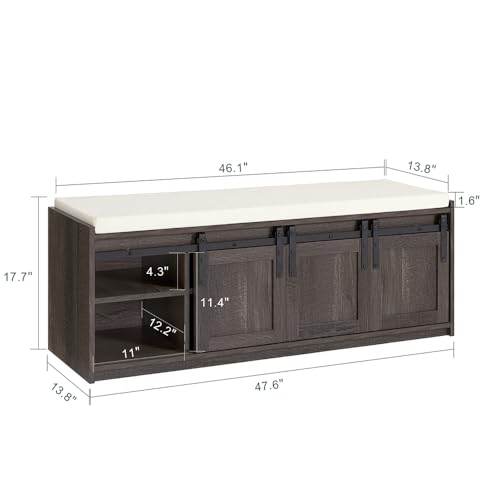 Haotian Entryway Shoe Storage Bench | Shoe Rack Bench with Sliding Barn Doors, Drawer & Padded Seat Cushion, Rustic Window Bench for Mudroom