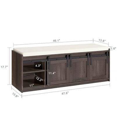 Haotian Entryway Shoe Storage Bench | Shoe Rack Bench with Sliding Barn Doors, Drawer & Padded Seat Cushion, Rustic Window Bench for Mudroom
