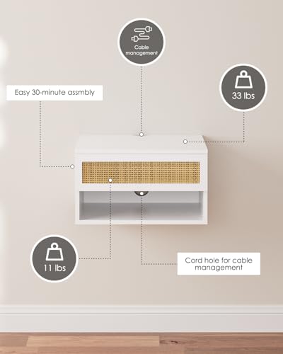 Modern Floating Nightstand with Drawer, Wall Mount Shelves, White Rattan | Small Space Saver, Modern Minimalist Design, Wall Mounted Shelves, for Bedroom, Bathroom, Living room, Easy Assembly, Rattan - color: White Rattan