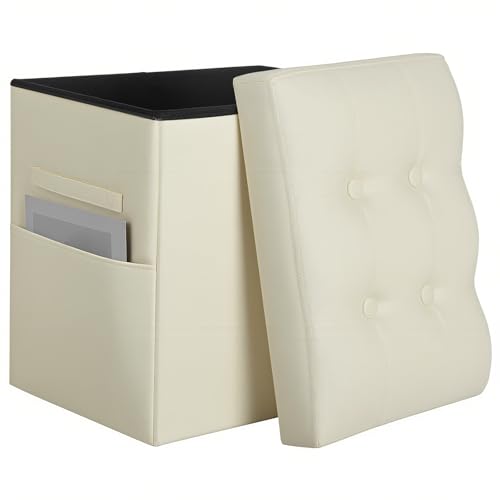 Ottoman with Storage, Slim Tall Foot Rest Stool with Thicker Foam Padded Seat. Folding Leather Storage Ottoman Furniture with Handles & Side Pocket for Living Room Bedroom 350 lbs, 17x13x17in, Beige - color: Beige 1, size: 17"D x 13"W x 17"H
