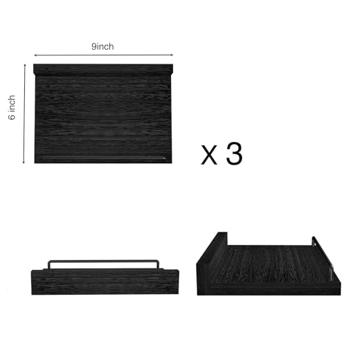 RYOFOBETTO Small Floating Shelf, 6X9 Inches Farmhouse Wall Shelves for Living Room, Bedroom, Picture Frames, Plants, Kitchen, Set of 3 (Black) - color: Black, size: 9"