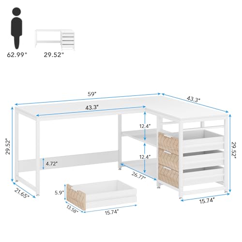 Tribesigns L Shaped Computer Desk with Storage Drawers, 59 inch Corner Desk with Shelves, Reversible L-Shaped Office Desk Study Writing Table Workstation for Home Office, White - color: White