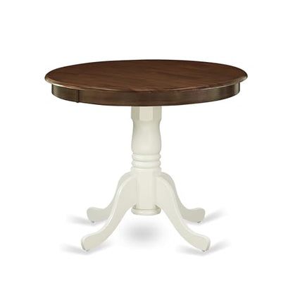 East West Furniture AMT-WLW-TP Antique Kitchen Dining Table - a Round Wooden Table Top with Pedestal Base, 36x36 Inch, Walnut & Linen White - color: Walnut & Linen White